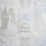 Chou Light Grey Inspirational wallpaper by Arthouse featuring angel wings, butterfly and "Every moment matters" text.