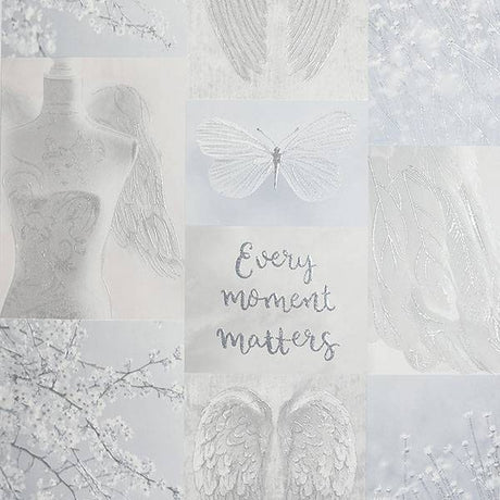 Chou Light Grey Inspirational wallpaper by Arthouse featuring angel wings, butterfly and "Every moment matters" text.