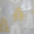 Willis Mustard Palm Frond Wallpaper by Arthouse – metallic mustard, silver and cream leaves on grey linen-look ground