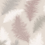 Sussurro Pink Feathers Wallpaper by Arthouse with softly shimmering feather motif in mauve, grey and beige.