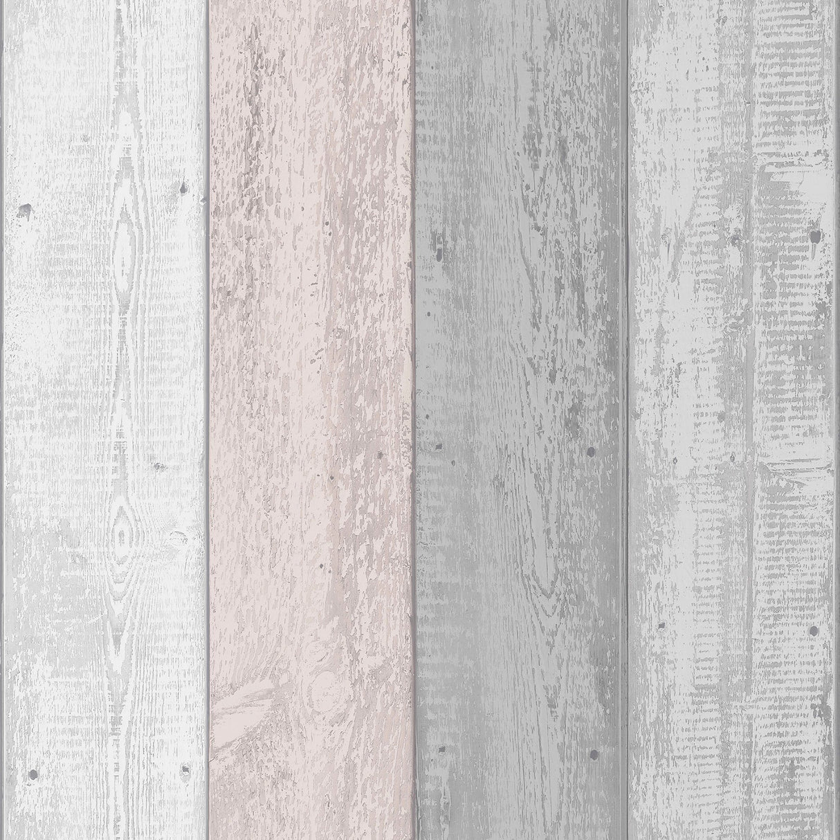 Forrest Blush Wood Plank wallpaper showing alternating white, pink, and grey planks.