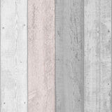 Forrest Blush Wood Plank wallpaper showing alternating white, pink, and grey planks.