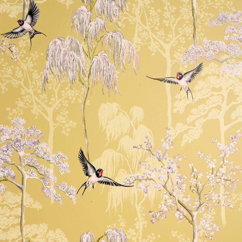 Arthouse Asuka Yellow Sparrow Forest Wallpaper roll and room view