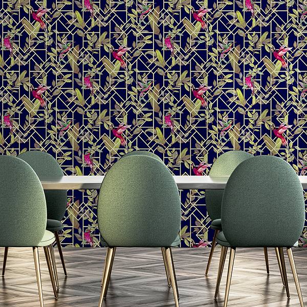 Thelma Navy by Arthouse Tropical Deco Wallpaper – Brewster Home Fashions AH908003