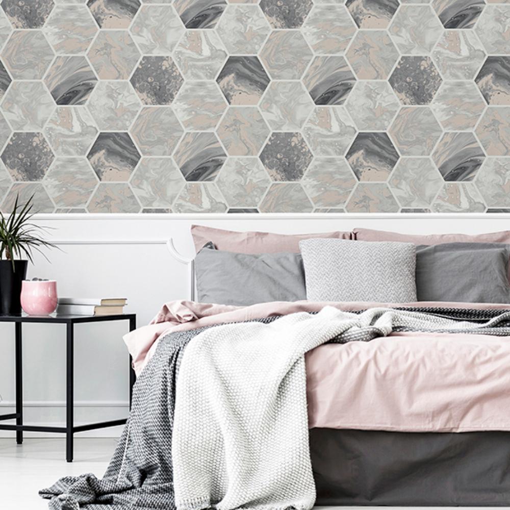 Marlon Charcoal by Arthouse Hexagon Tiles Wallpaper – Brewster Home Fashions AH908502