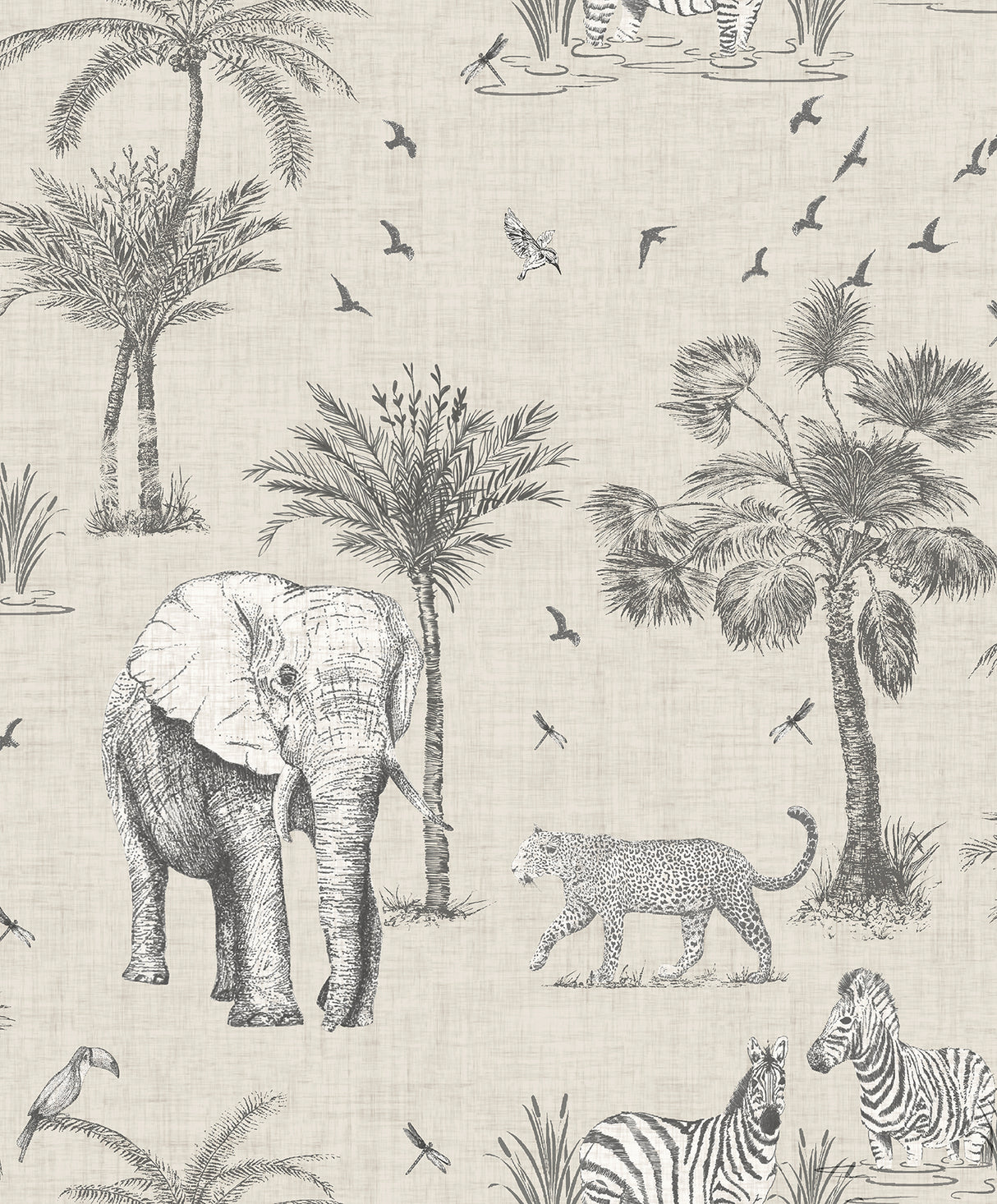 Arthouse Lionel Grey Safari Lagoon Wallpaper roll with safari animals and palm trees