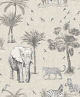 Arthouse Lionel Grey Safari Lagoon Wallpaper roll with safari animals and palm trees