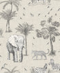 Arthouse Lionel Grey Safari Lagoon Wallpaper roll with safari animals and palm trees