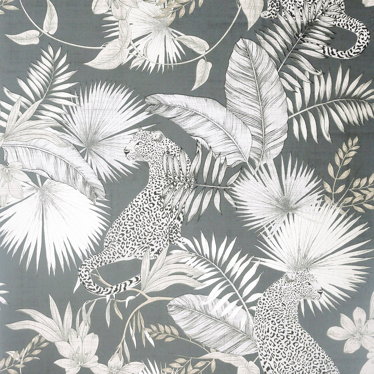 Maude Neutral Tropical Wallpaper by Arthouse with leopards and tropical leaves in grey neutrals.