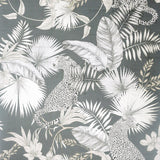 Maude Neutral Tropical Wallpaper by Arthouse with leopards and tropical leaves in grey neutrals.
