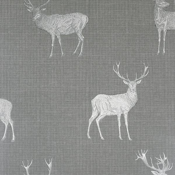 Hank Grey Stag wallpaper by Arthouse featuring silver deer on a smoky grey woven-look ground