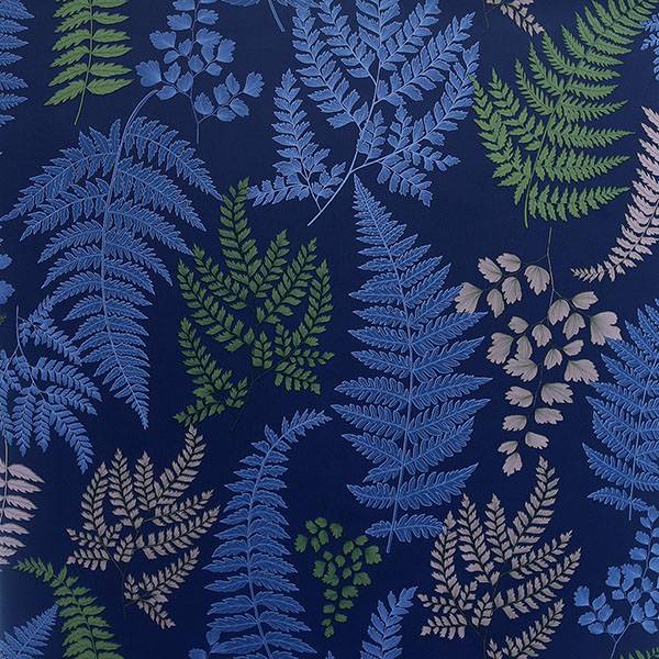 Jerome Blue Botanical Wallpaper close-up of fern pattern on navy
