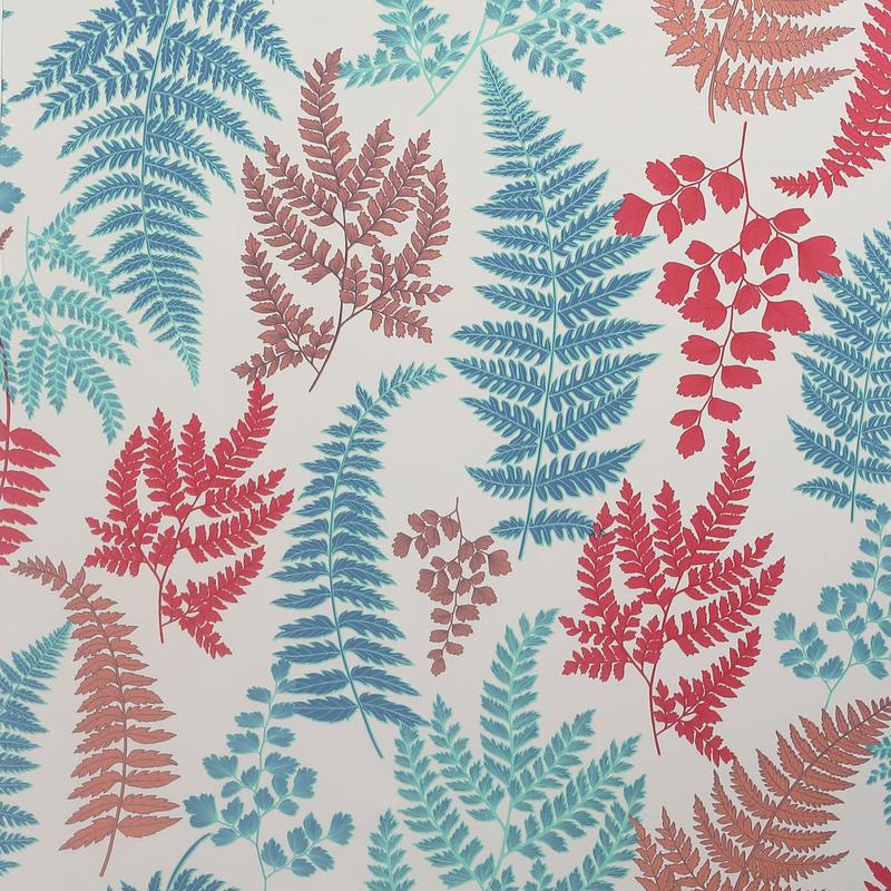 Arthouse Jerome Red Botanical Wallpaper pattern with red, teal and terracotta ferns