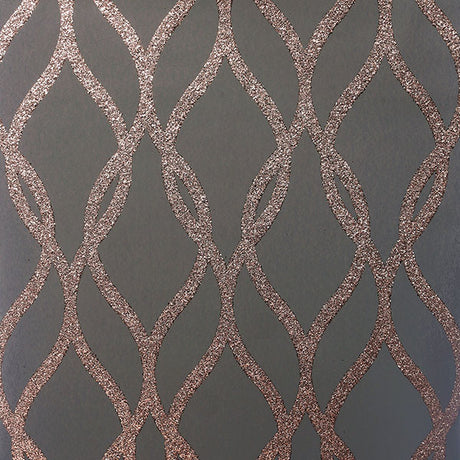 Ava rose gold glittering ogee wallpaper detail showing glittered curves over charcoal background