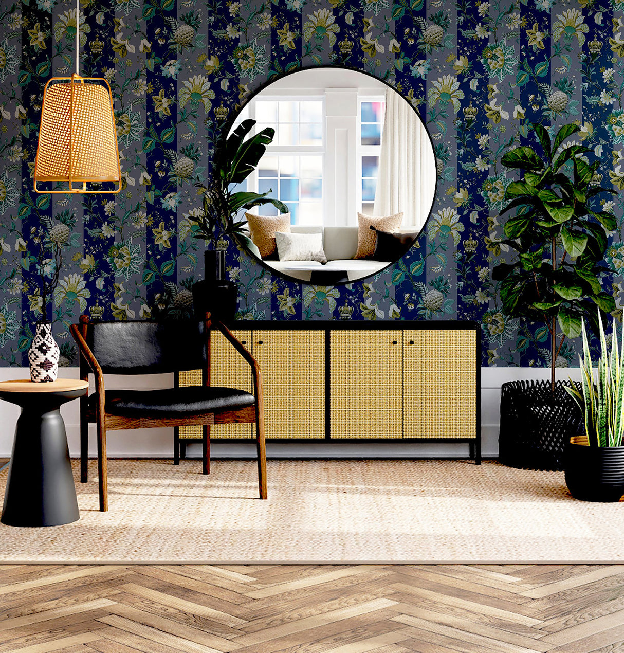 Cornelia Navy by Arthouse Floral Stripe Wallpaper – Brewster Home Fashions AH922801