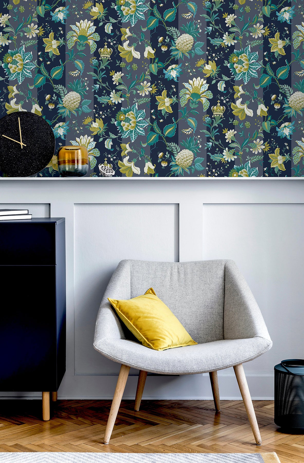 Cornelia Navy by Arthouse Floral Stripe Wallpaper – Brewster Home Fashions AH922801