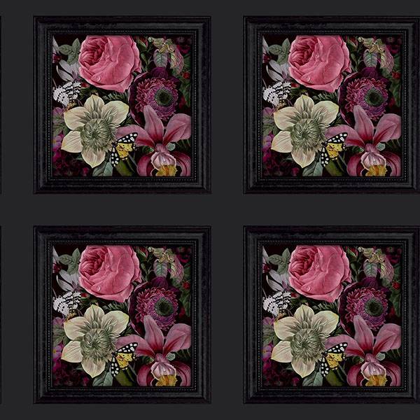 Lucinda Black Floral Panel Wallpaper by Arthouse featuring framed floral squares on a black ground