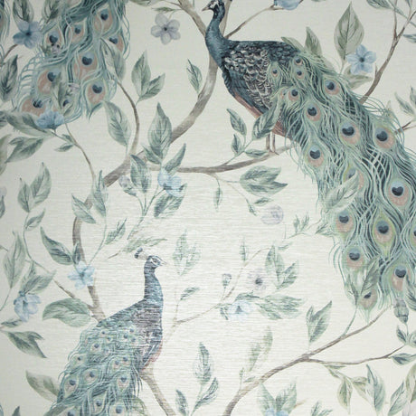 Keeka Blue Peacocks wallpaper by Arthouse featuring perched peacocks and floral branches