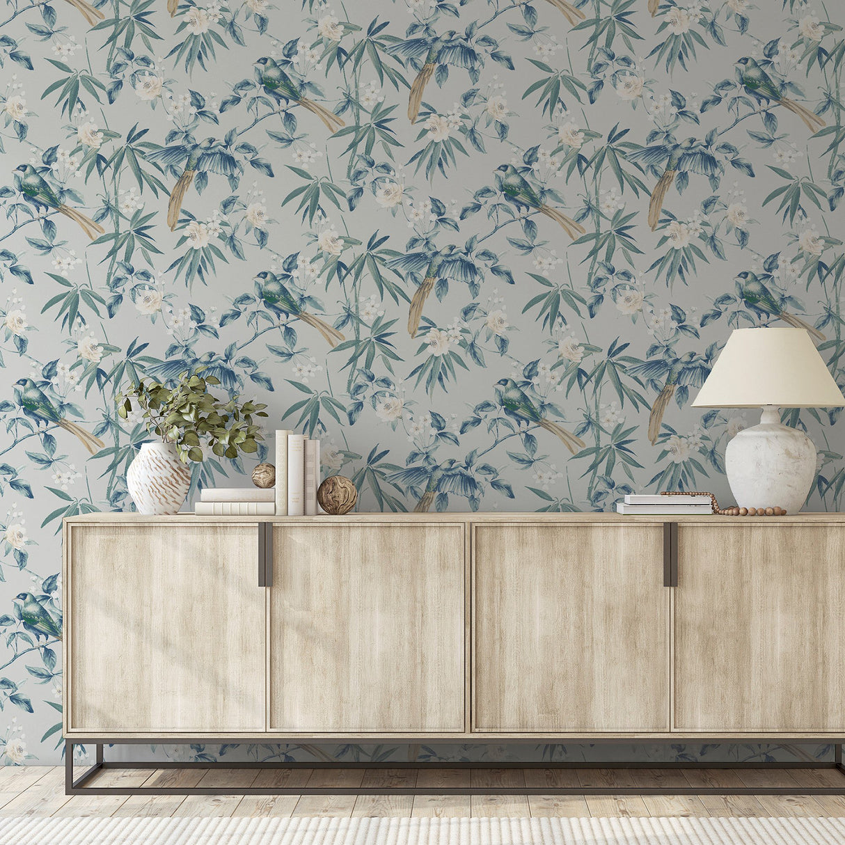 Suzume Teal Birds and Blooms Teal by Arthouse Wallpaper- Brewster Home Fashions AH924500