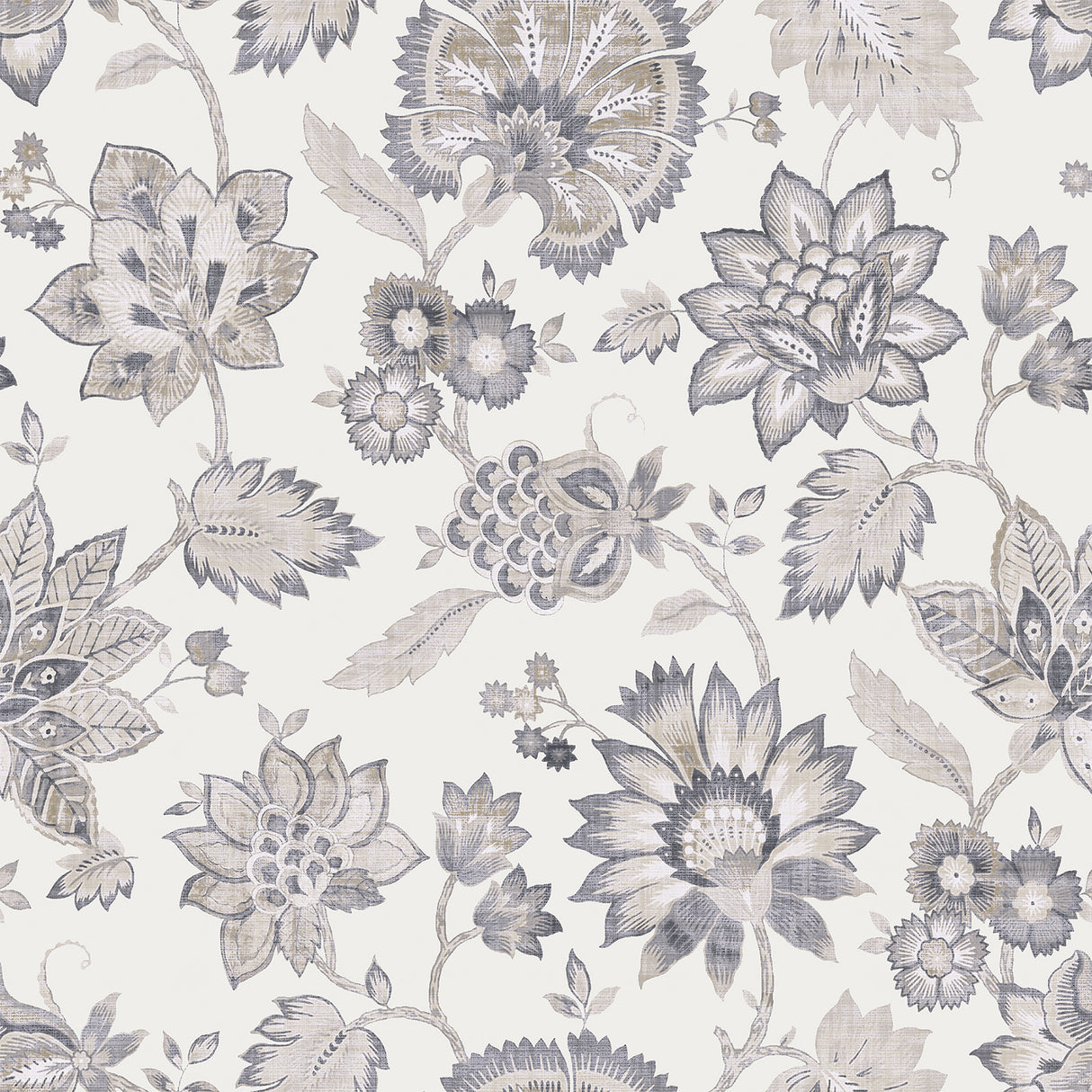 Prudie Denim Jacobean Trail Wallpaper sample roll with blue floral motif