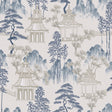 Akio Blue Pagoda wallpaper by Arthouse showing watercolor pagodas and trees in blue and taupe.