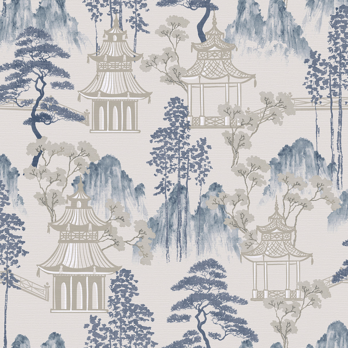 Akio Blue Pagoda wallpaper by Arthouse showing watercolor pagodas and trees in blue and taupe.