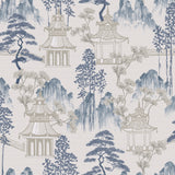 Akio Blue Pagoda wallpaper by Arthouse showing watercolor pagodas and trees in blue and taupe.