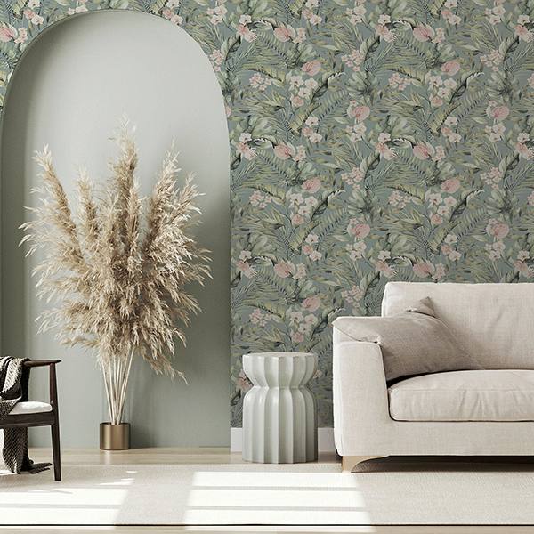 Harrietta Sea Green by Arthouse Tropical Floral Wallpaper – Brewster Home Fashions AH924905