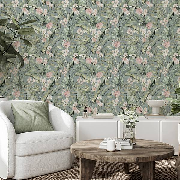 Harrietta Sea Green by Arthouse Tropical Floral Wallpaper – Brewster Home Fashions AH924905