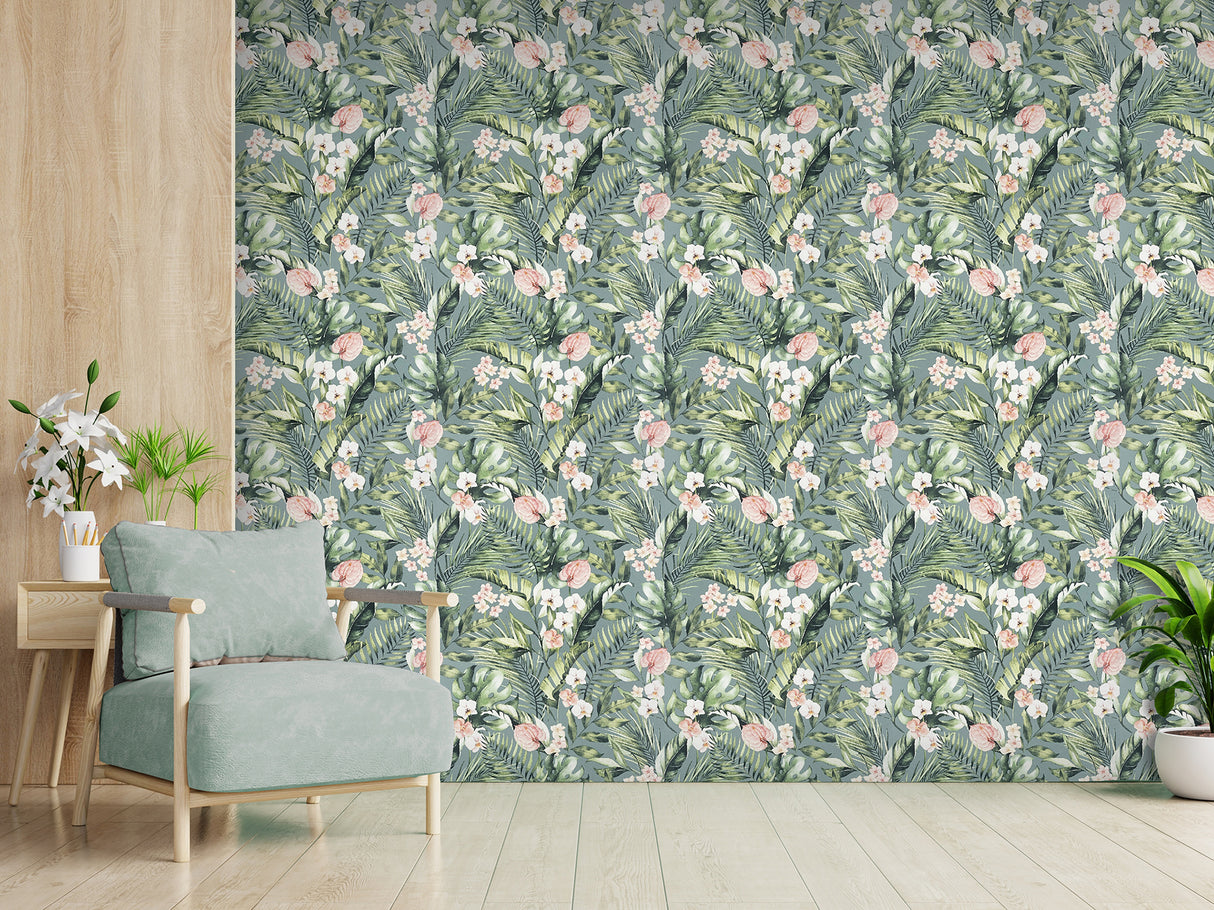Harrietta Sea Green by Arthouse Tropical Floral Wallpaper – Brewster Home Fashions AH924905
