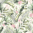 Harrietta Green Tropical Floral wallpaper by Arthouse with watercolor palms and pink flowers on white