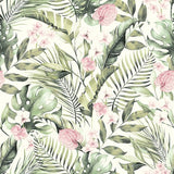 Harrietta Green Tropical Floral wallpaper by Arthouse with watercolor palms and pink flowers on white