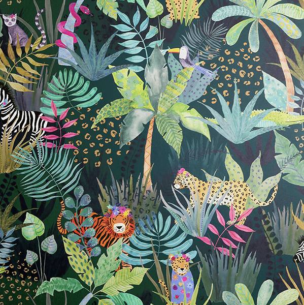 Fonda Dark Green Jungle Party wallpaper swatch with tropical animals and foliage