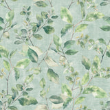 Lucene Green Spring Vines wallpaper with watercolor leaves on soft blue background