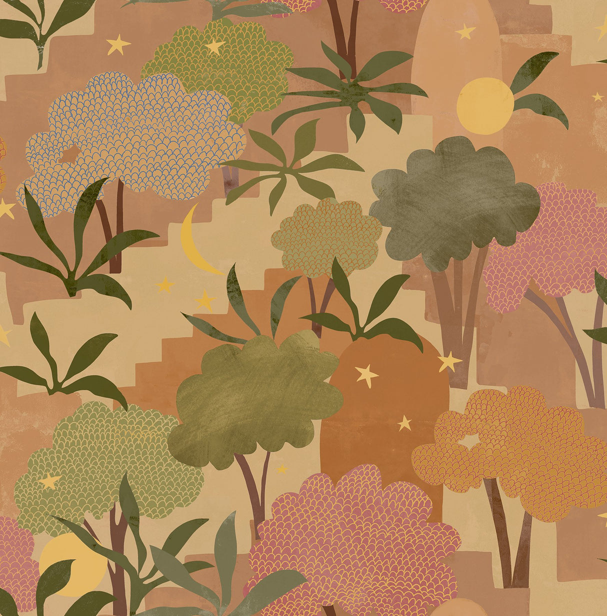Bohemian Walk Terracotta Peel & Stick Wallpaper with Bohemian Tree Motif - AHS4711