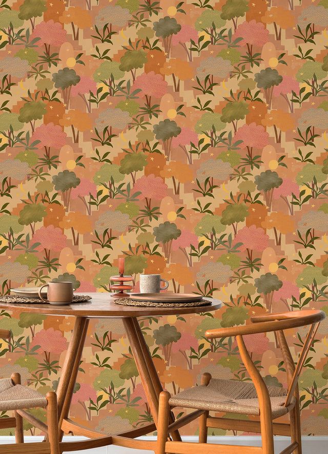 Bohemian Walk Terracotta Peel & Stick Wallpaper with Bohemian Tree Motif - AHS4711
