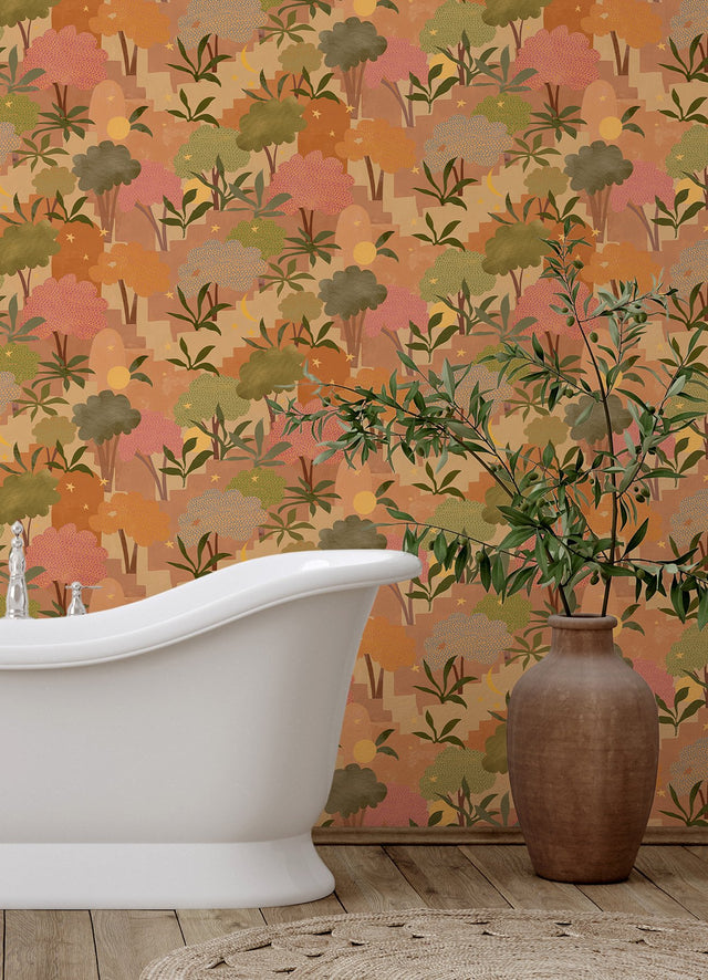 Bohemian Walk Terracotta Peel & Stick Wallpaper with Bohemian Tree Motif - AHS4711