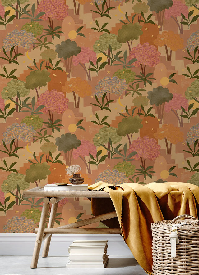 Bohemian Walk Terracotta Peel & Stick Wallpaper with Bohemian Tree Motif - AHS4711