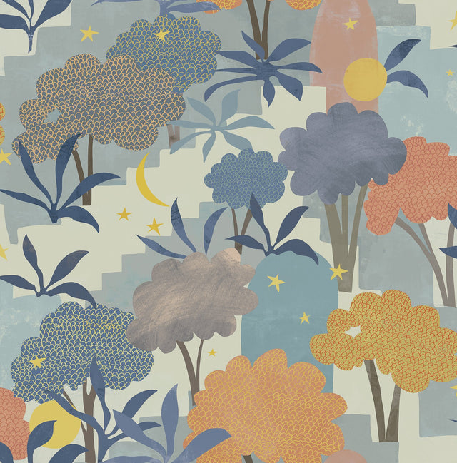 Bohemian Walk Blue Peel & Stick Wallpaper with Trees Motif, Alja Horvat x NuWallpaper - AHS4712
