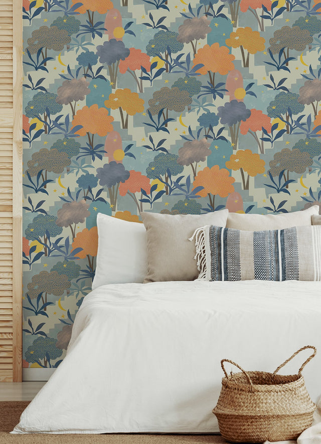 Bohemian Walk Blue Peel & Stick Wallpaper with Trees Motif, Alja Horvat x NuWallpaper - AHS4712