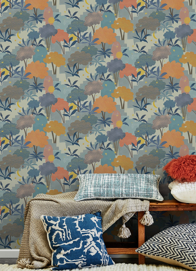 Bohemian Walk Blue Peel & Stick Wallpaper with Trees Motif, Alja Horvat x NuWallpaper - AHS4712