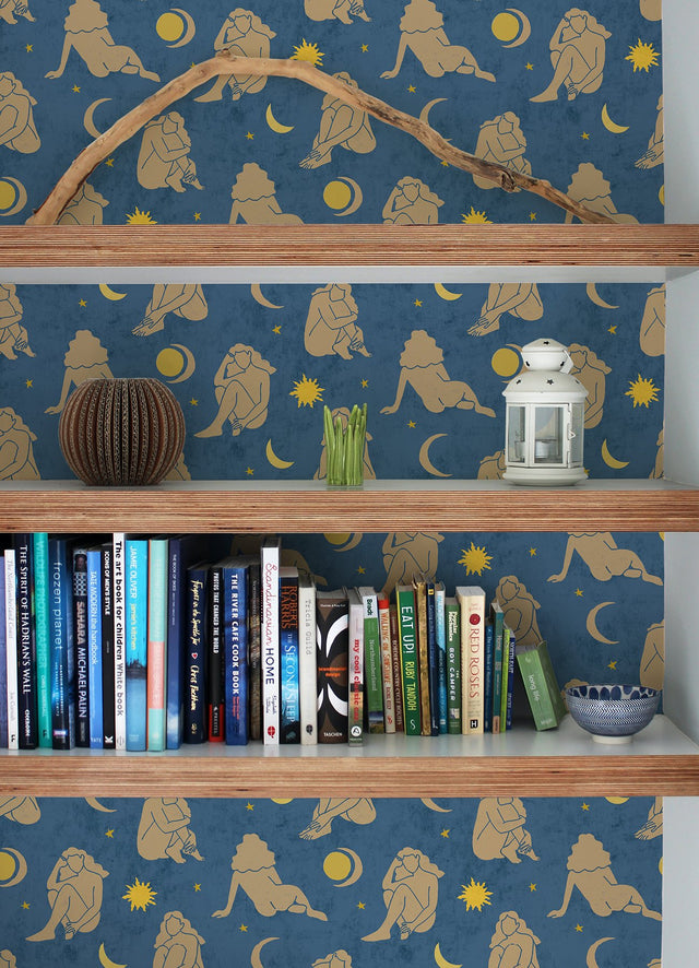 Nudes Dark Blue Peel & Stick Wallpaper with Celestial Nude Silhouette Motif - NuWallpaper AHS4715