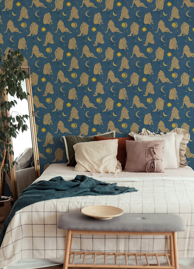 Nudes Dark Blue Peel & Stick Wallpaper with Celestial Nude Silhouette Motif - NuWallpaper AHS4715