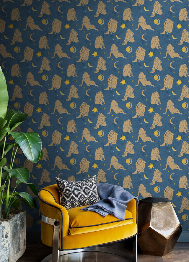 Nudes Dark Blue Peel & Stick Wallpaper with Celestial Nude Silhouette Motif - NuWallpaper AHS4715