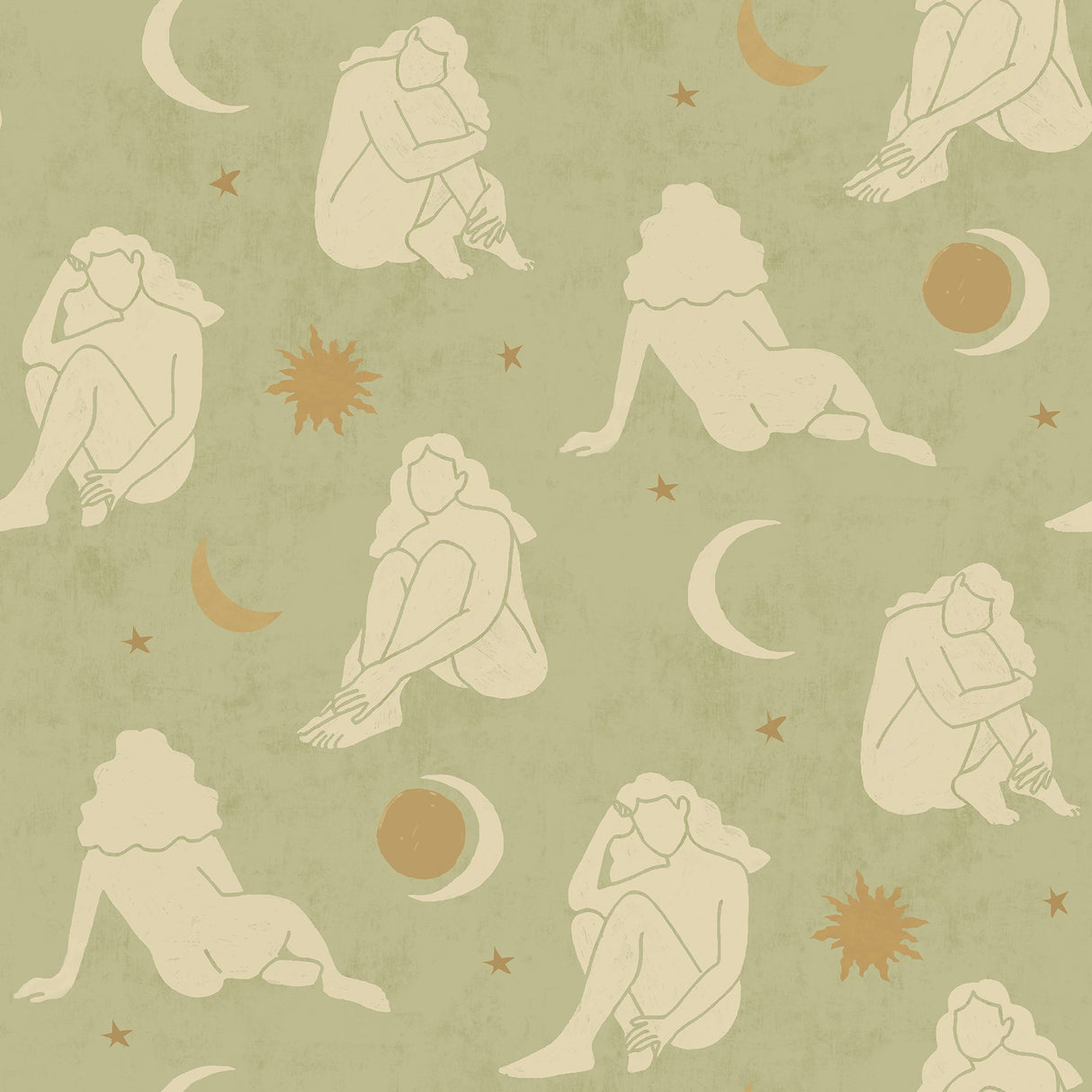Nudes Sage Peel & Stick Wallpaper with Feminine Silhouette and Celestial Motif - Brewster AHS4716