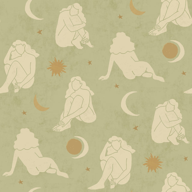 Nudes Sage Peel & Stick Wallpaper with Feminine Silhouette and Celestial Motif - Brewster AHS4716