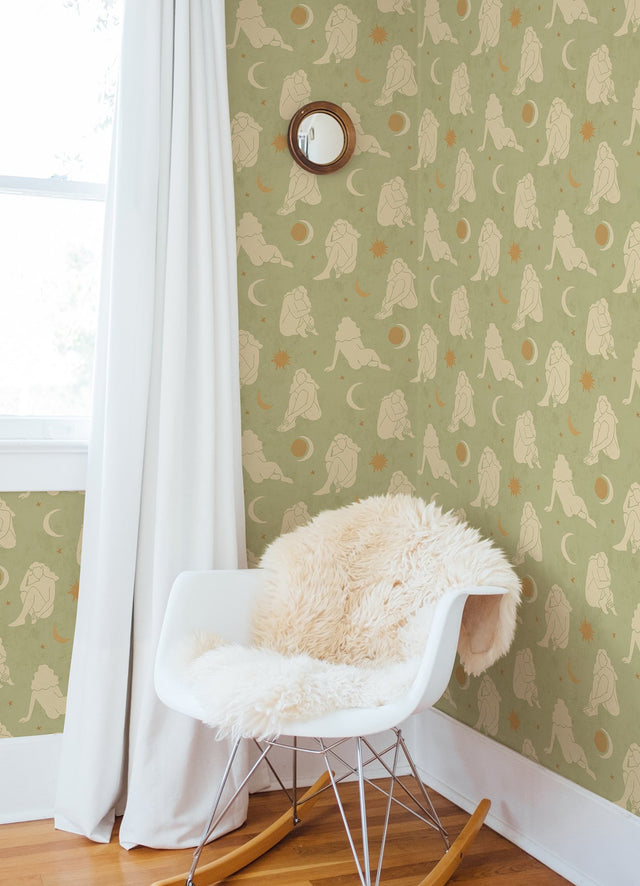 Nudes Sage Peel & Stick Wallpaper with Feminine Silhouette and Celestial Motif - Brewster AHS4716