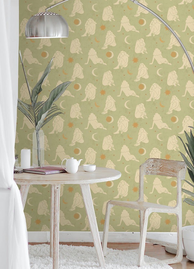 Nudes Sage Peel & Stick Wallpaper with Feminine Silhouette and Celestial Motif - Brewster AHS4716