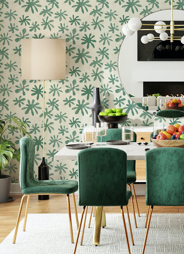 Field of Flowers Green Peel & Stick Wallpaper with Bohemian Botanical Pattern - NuWallpaper AHS4717