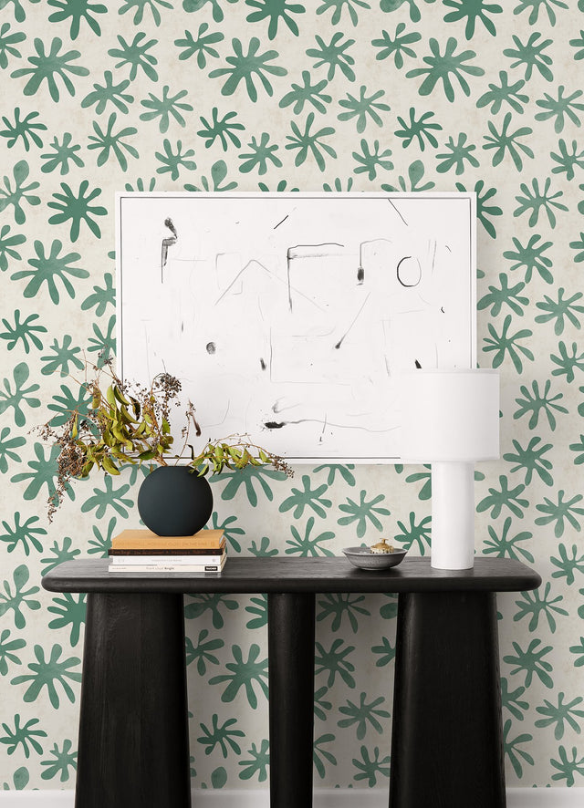 Field of Flowers Green Peel & Stick Wallpaper with Bohemian Botanical Pattern - NuWallpaper AHS4717